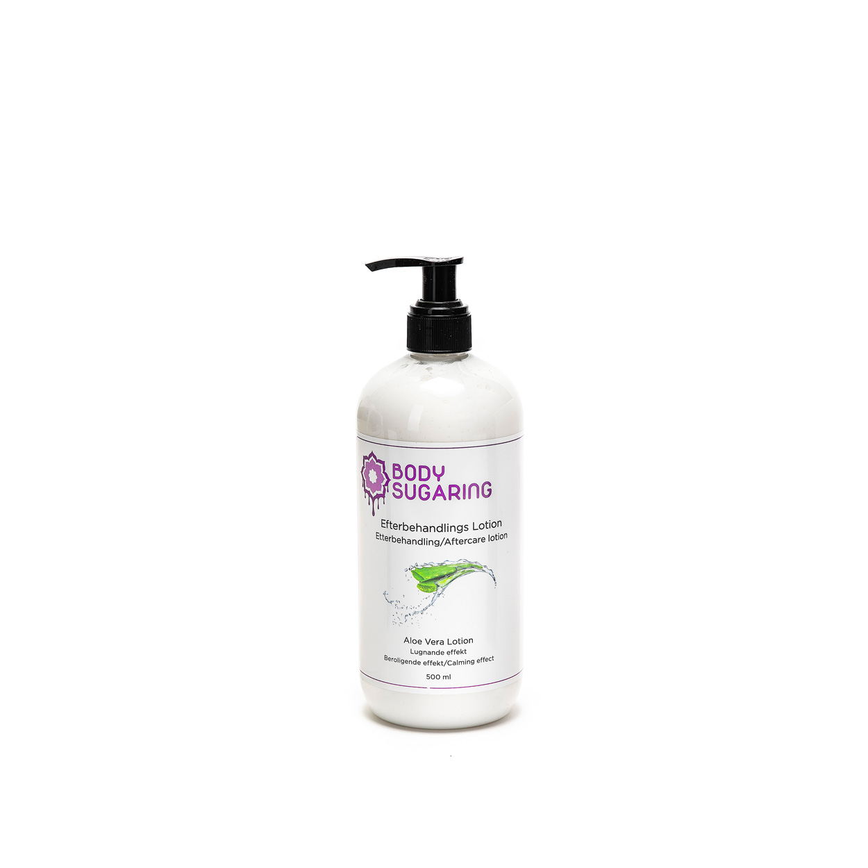 Flaske Bodysugaring etterbehandlingslotion med aloe vera på hvit bakgrunn